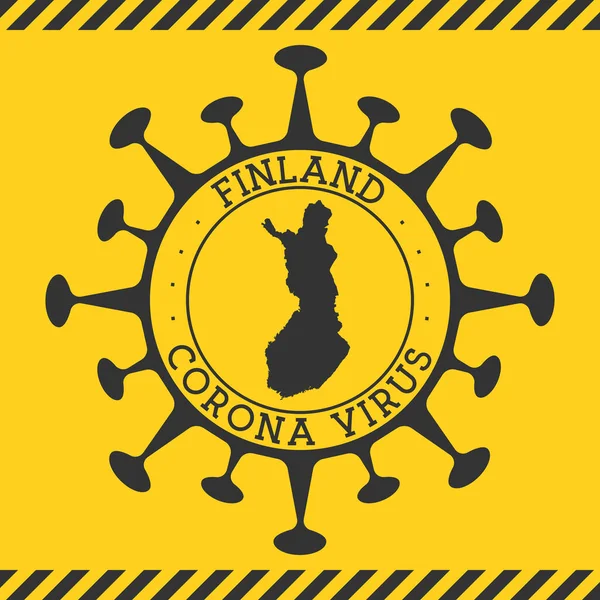 Insignia del virus Corona en Finlandia Insignia redonda con forma de virus y mapa de Finlandia País amarillo — Vector de stock