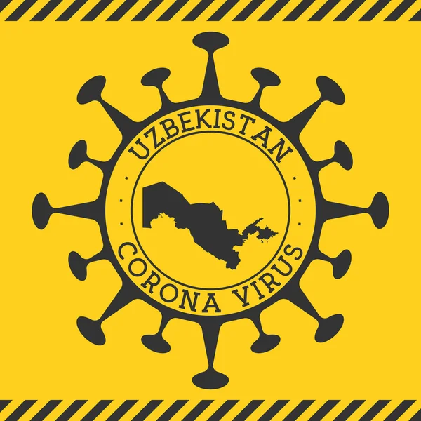 Vírus da Corona no Uzbequistão assina emblema redondo com forma de vírus e mapa do Uzbequistão País amarelo — Vetor de Stock