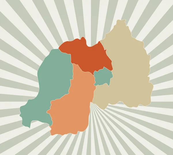 Ruanda mapa Cartaz com mapa do país em paleta de cores retro Forma de Ruanda com sunburst —  Vetores de Stock