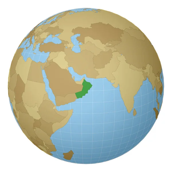 Globo centrado en Omán País resaltado con color verde en el mapa del mundo Proyección satelital — Archivo Imágenes Vectoriales