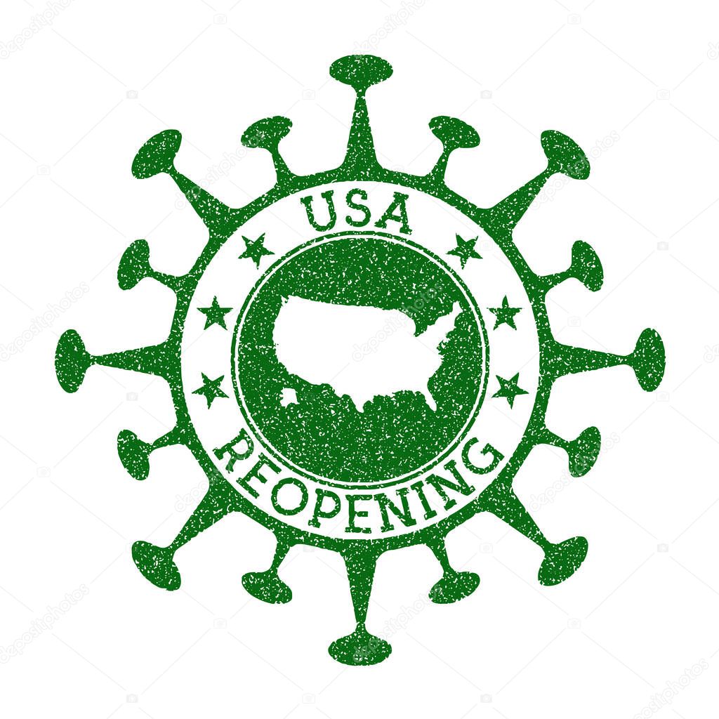 USA Reopening Stamp. Green round badge of country with map of USA. Country opening after lockdown. Vector illustration.