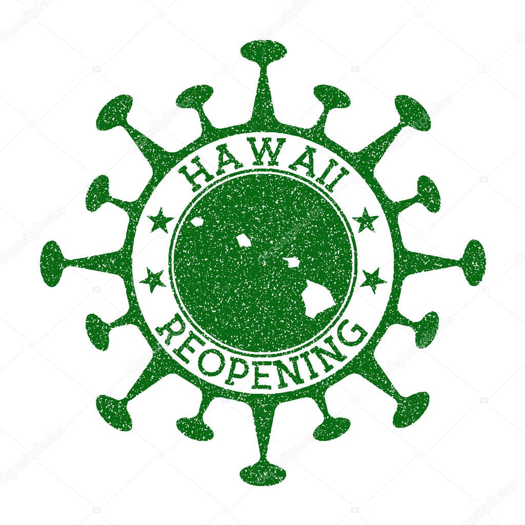 Hawaii Reopening Stamp Green round badge of us state with map of Hawaii Us state opening after