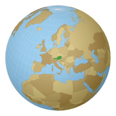 Dünya haritasında yeşil renkle vurgulanmış Avusturya Ülkesi merkezli uydu projeksiyonu