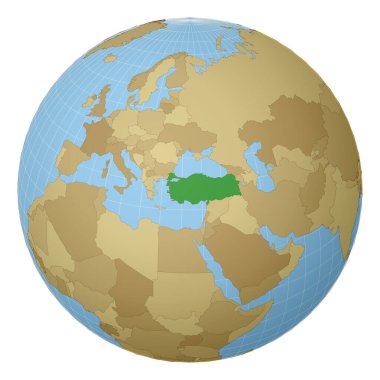 Dünya haritası uydu projeksiyonunda yeşil renkle vurgulanmış Türkiye Ülkesi 'ne odaklı dünya