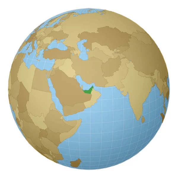 Globe centered to UAE Country highlighted with green color on world map Satellite projection view — Stock Vector