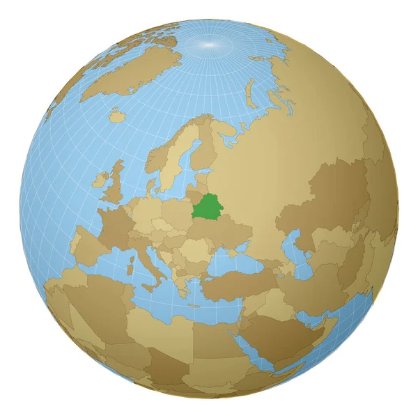 Главная страница в Беларуси Страна выделена зеленым цветом на карте мира Спутниковая проекция — стоковый вектор