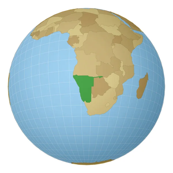 Globo centrado en Namibia País resaltado con color verde en el mapa mundial Proyección satelital — Archivo Imágenes Vectoriales