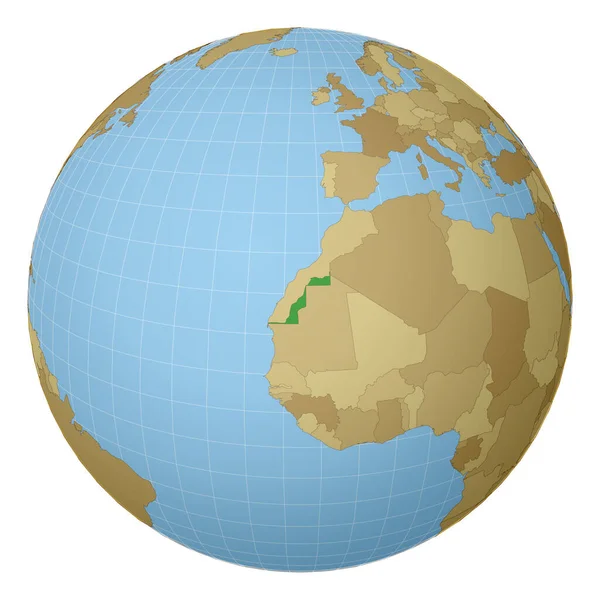 Globe centré sur le Sahara Occidental Pays mis en évidence avec la couleur verte sur la carte du monde Satellite — Image vectorielle