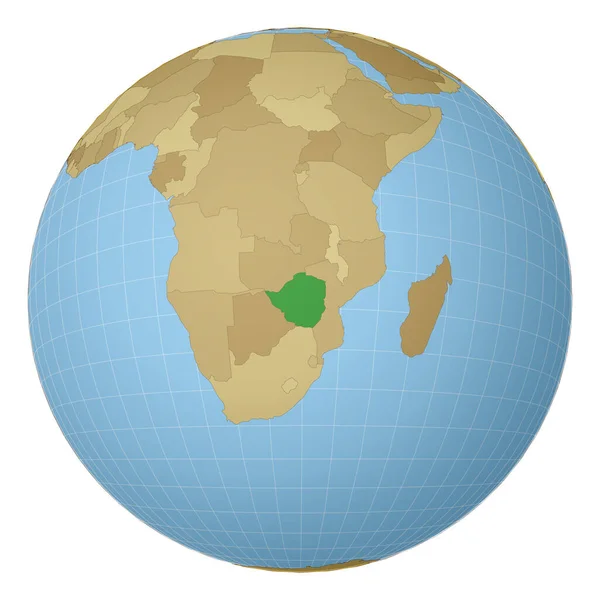 以津巴布韦国家为中心的地球，在世界地图卫星投影上以绿色为重点 — 图库矢量图片