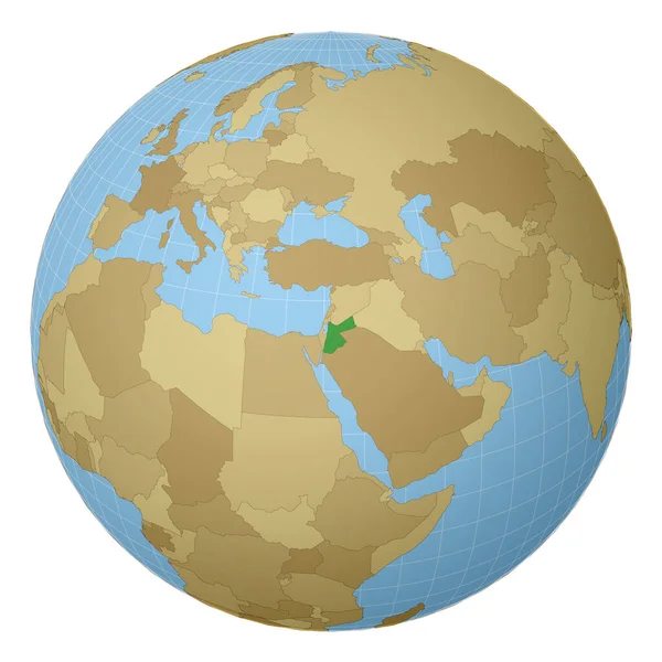 以约旦国家为中心的地球，在世界地图卫星投影上以绿色为重点 — 图库矢量图片