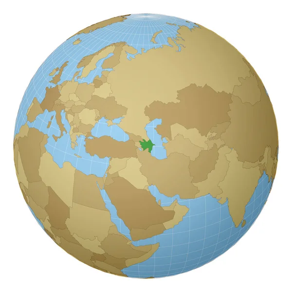 Dünya haritasında yeşil renkle vurgulanmış Azerbaycan Ülkesi merkezli dünya haritası — Stok Vektör
