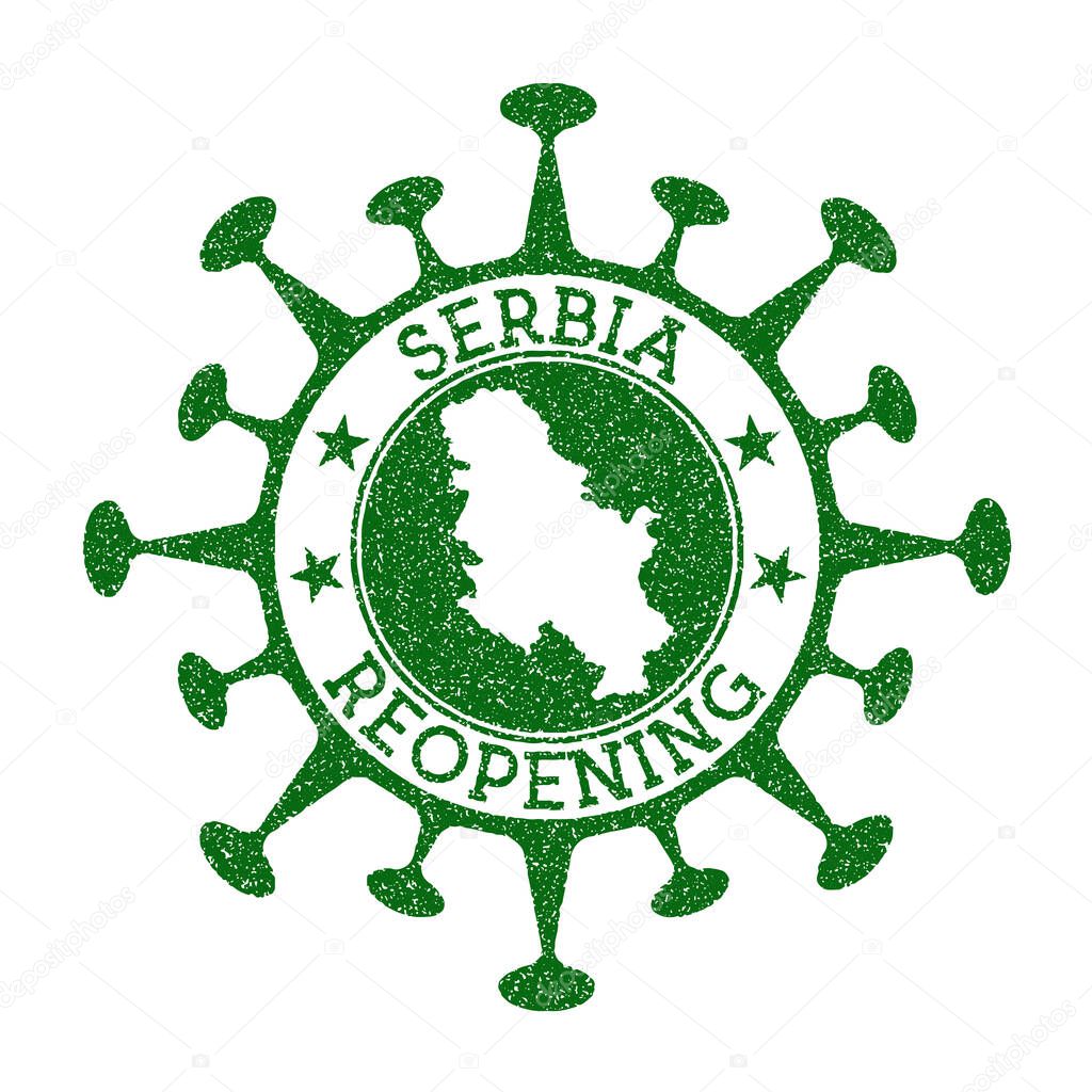 Serbia Reopening Stamp Green round badge of country with map of Serbia Country opening after