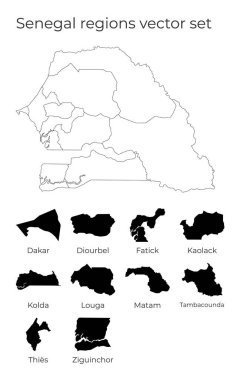 Senegal haritası, bölge şekilleri ile ülkenin boş vektör haritası ve bölge sınırları