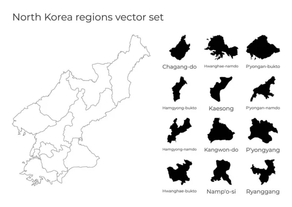 Corea del Norte mapa con formas de regiones Mapa vectorial en blanco del país con regiones Fronteras de la — Archivo Imágenes Vectoriales