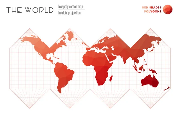 Wereldkaart met levendige driehoeken HEALPix projectie van de wereld Rode Schaduwen gekleurde polygonen — Stockvector