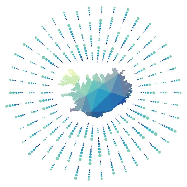 Forma de Islandia estallido de sol poligonal Mapa del país con los rayos de estrellas de colores Islandia — Vector de stock