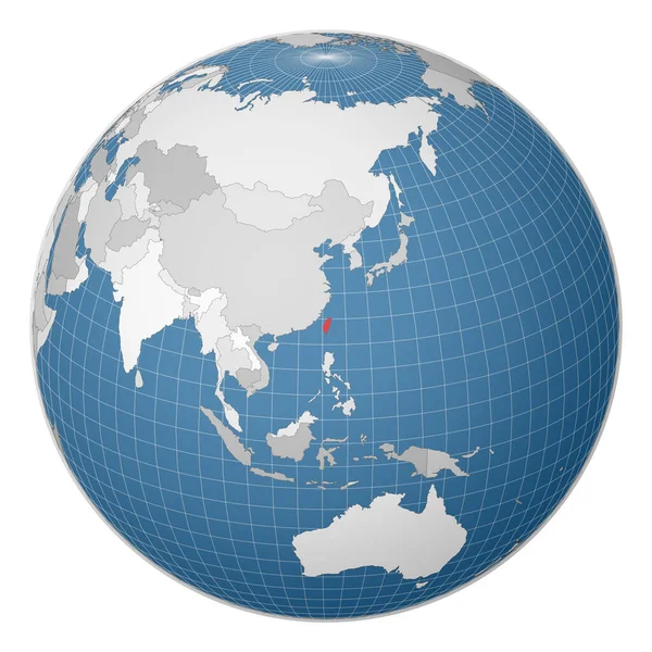 Globe gecentreerd op Taiwan Land gemarkeerd met groene kleur op wereldkaart Satellietwereld — Stockvector