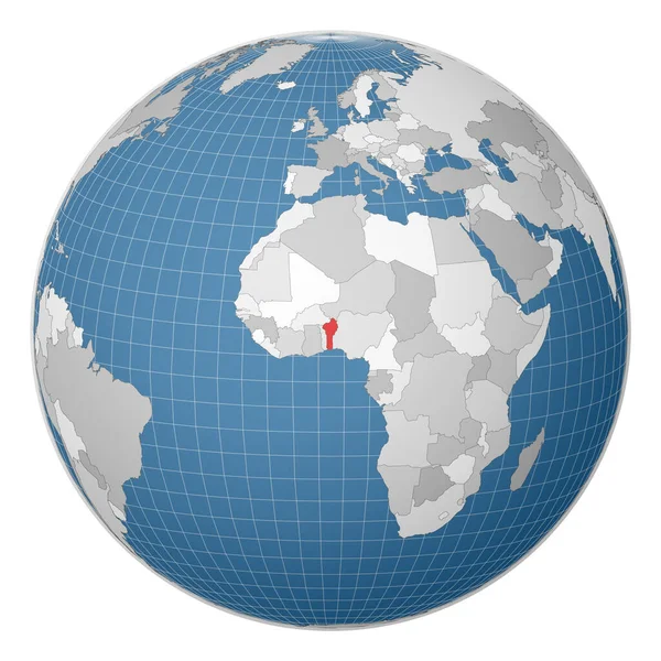 Globe centered to Benin Country τονίζεται με πράσινο χρώμα στον παγκόσμιο χάρτη Satellite world — Διανυσματικό Αρχείο