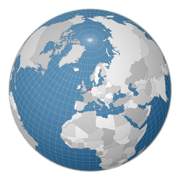 Globe centered to Netherlands Χώρα τονίζεται με πράσινο χρώμα στον παγκόσμιο χάρτη — Διανυσματικό Αρχείο