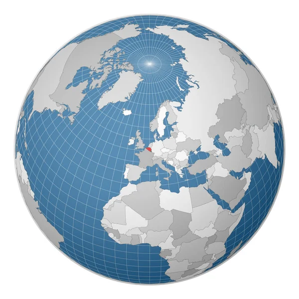 Globo centrado na Bélgica País destacado com cor verde no mapa mundial Mundo satélite —  Vetores de Stock