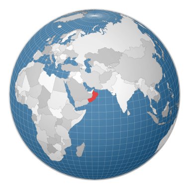 Dünya haritasında yeşil renkle vurgulanmış Umman Ülkesi merkezli uydu dünyası