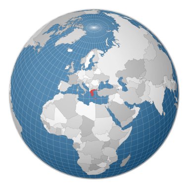 Dünya haritasında yeşil renkle vurgulanmış Yunanistan Ülkesi merkezli uydu dünyası