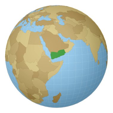 Dünya haritasında yeşil renkle vurgulanmış Yemen Ülkesi merkezli uydu projeksiyonu