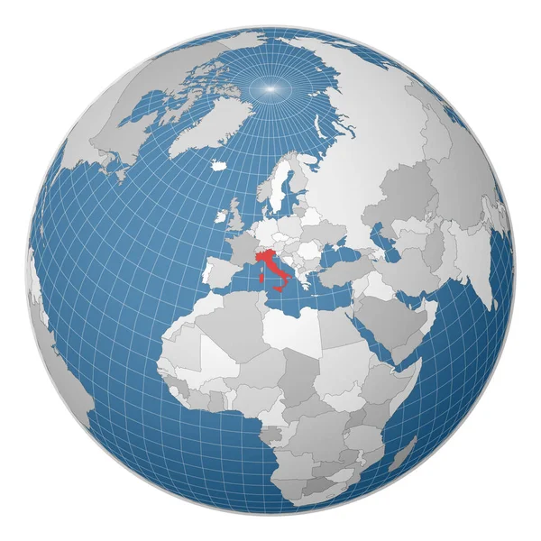 Globe centered to Italy Χώρα τονισμένη με πράσινο χρώμα στον παγκόσμιο χάρτη — Διανυσματικό Αρχείο