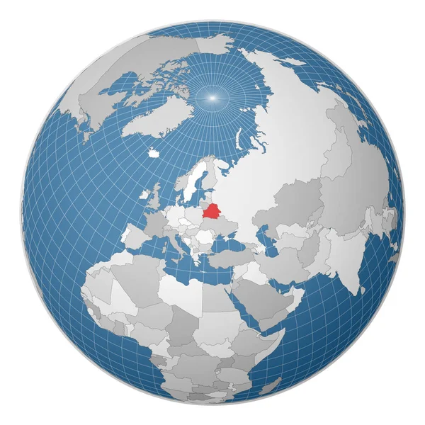 Globe centered to Belarus Χώρα τονίζεται με πράσινο χρώμα στον παγκόσμιο χάρτη — Διανυσματικό Αρχείο