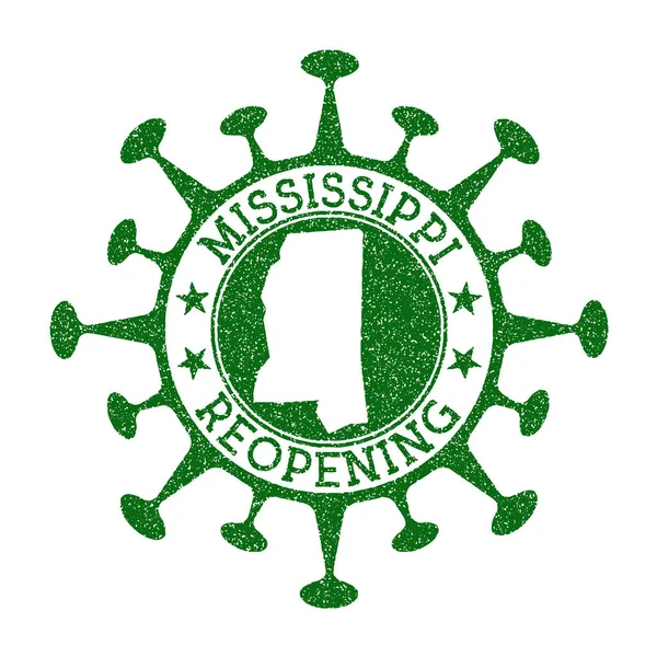 Mississippi reapertura sello verde ronda insignia de nosotros estado con mapa de Mississippi Us apertura del estado — Archivo Imágenes Vectoriales