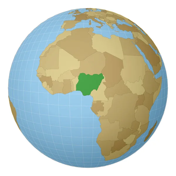 Globe centered to Nigeria Kraj zaznaczony zielonym kolorem na mapie świata Projekcja satelitarna — Wektor stockowy