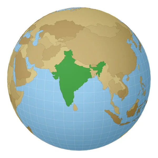 世界地図上の緑の色で強調されたインドの国を中心とした地球衛星投影 — ストックベクタ