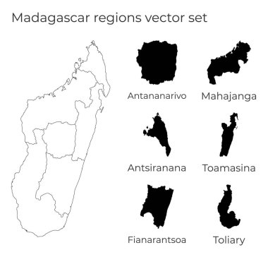 Madagaskar haritası, ülkenin boş vektör haritasına sahip bölgelerin şekilleri ve bölge sınırları ile birlikte.