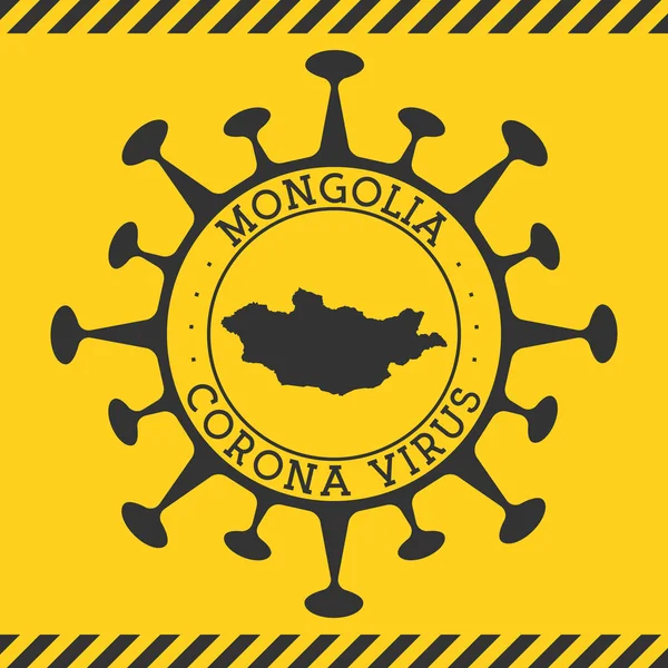 Insignia redonda con forma de virus y mapa de Mongolia País amarillo — Vector de stock