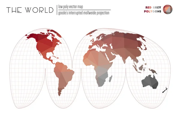 Mappa del mondo in stile poligonale Goodes interrotto Mollweide proiezione del mondo Rosso Grigio — Vettoriale Stock