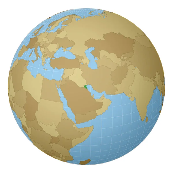 Глобус с центром в стране Кувейта выделен зеленым цветом на карте мира Спутниковая проекция — стоковый вектор