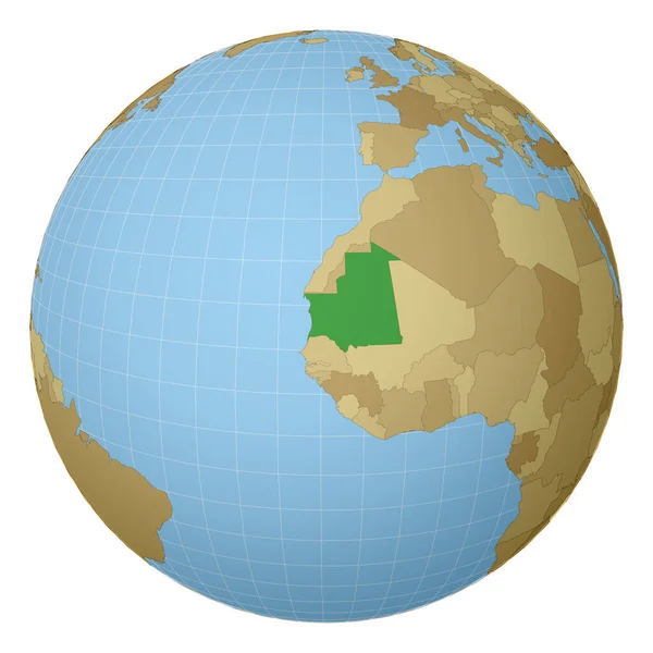 Globe centered to Mauretania Kraj oznaczony zielonym kolorem na mapie świata Satellite — Wektor stockowy