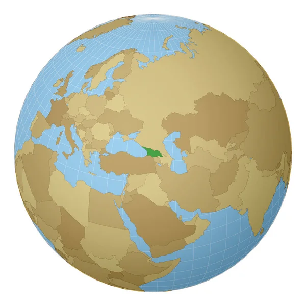 ジョージアを中心とした世界地図上に緑の色で強調表示衛星投影 — ストックベクタ