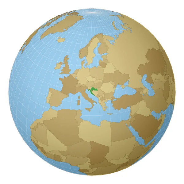 Globo centrado en Croacia País resaltado con color verde en el mapa mundial Proyección satelital — Archivo Imágenes Vectoriales