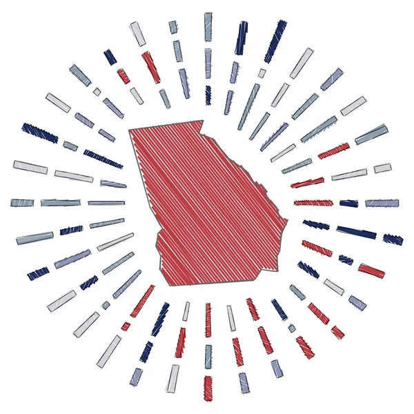 Schets kaart van Georgië Sunburst rond de us staat in vlag kleuren Hand getekend Georgië vorm met — Stockvector