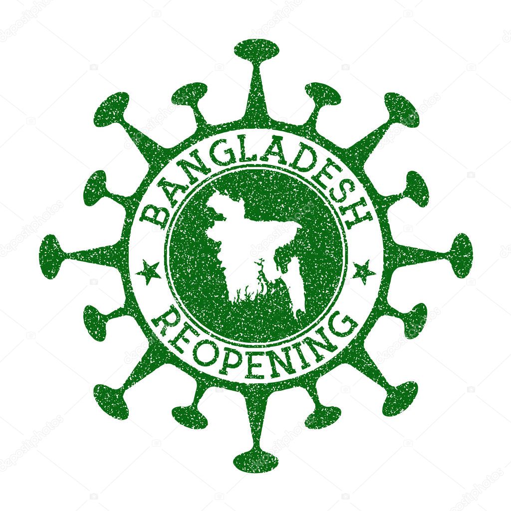 Bangladesh Reopening Stamp. Green round badge of country with map of Bangladesh. Country opening after lockdown. Vector illustration.