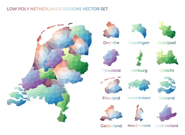 Hollanda 'nın düşük poligonal bölgeleri, tasarımınız için bölgeler ve Geometrik haritalarla Hollanda' nın çokgen haritaları — Stok Vektör