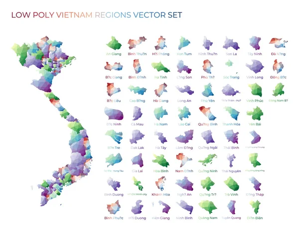 Vietnamita basso poli regioni Mappa poligonale del Vietnam con le regioni Mappe geometriche per il vostro disegno — Vettoriale Stock