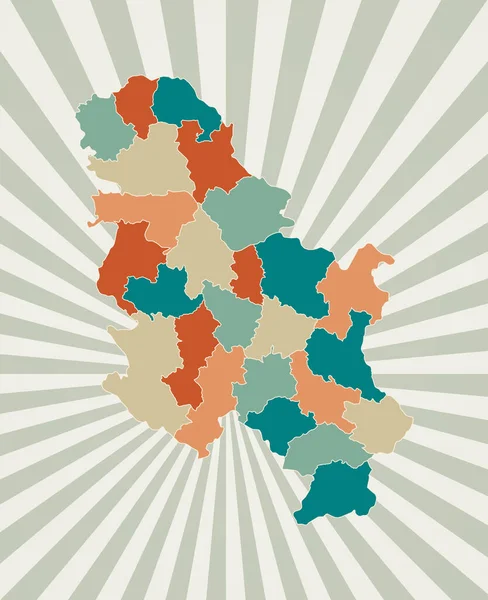 Serbia mapa Póster con el mapa del país en la paleta de colores retro Forma de Serbia con la explosión del sol — Vector de stock