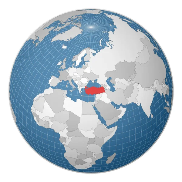 Globo centrado na Turquia País destacado com cor verde no mapa mundial Mundo satélite — Vetor de Stock