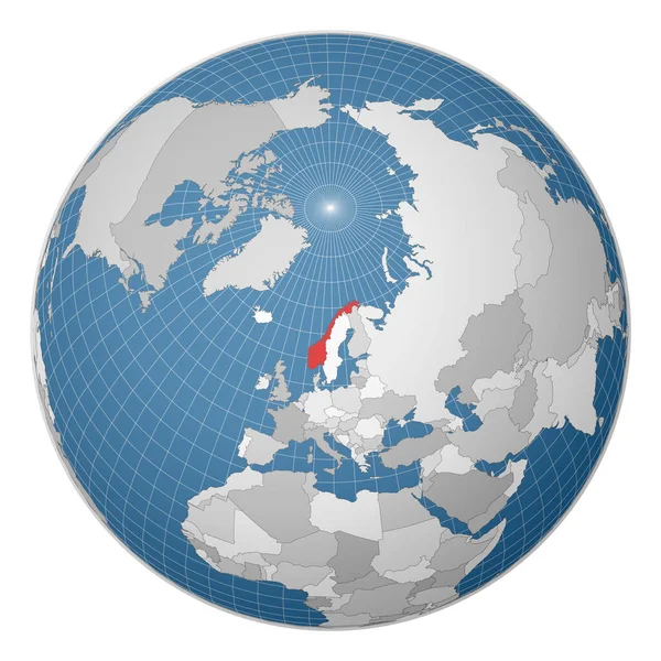 지구를 중심으로 노르웨이 나라를 중심으로 세계 지도 위성 세계에 초록색으로 강조되어 있는 지구 — 스톡 벡터