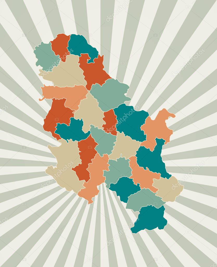 Serbia map Poster with map of the country in retro color palette Shape of Serbia with sunburst