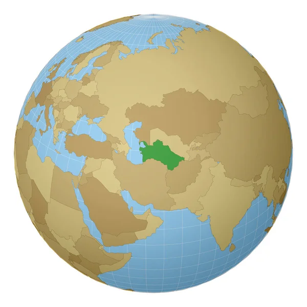 Globe centered to Τουρκμενιστάν Χώρα τονίζεται με πράσινο χρώμα στον παγκόσμιο χάρτη — Διανυσματικό Αρχείο