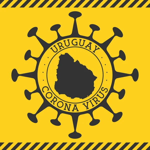 Insignia del virus Corona en Uruguay Insignia redonda con forma de virus y mapa Uruguay País amarillo — Archivo Imágenes Vectoriales