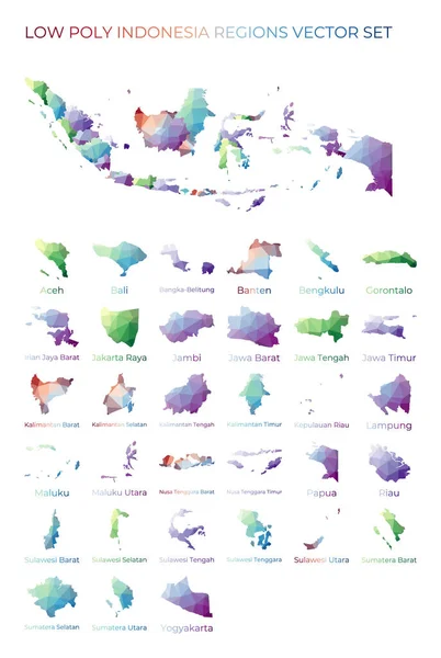 Indonesiska låg poly regioner Polygonal karta över Indonesien med regioner Geometriska kartor för din — Stock vektor